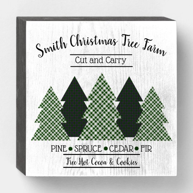 Name Christmas Tree Farm Green Plaid Neutral Wooden Box Sign (Front Horizontal)