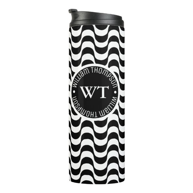 Name Circle Monogram Black Waves  Thermal Tumbler (Rotated Right)