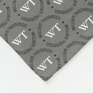 Name (circle monogram) stamped all over Gray Fleece Blanket