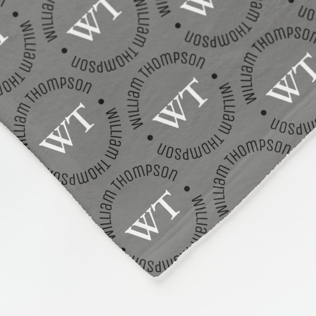 Name (circle monogram) stamped all over Gray Fleece Blanket (Corner)