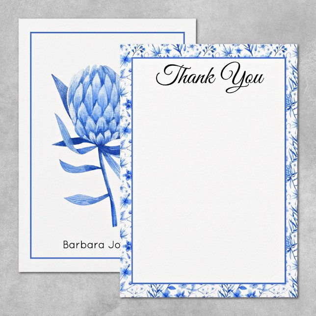 Name, Cobalt Blue Protea Flower Thank You Flat Note Card (Creator Uploaded)