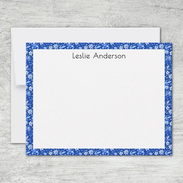 Name, Cobalt Blue Tropical Leaves & Flowers Frame Note Card (Creator Uploaded)