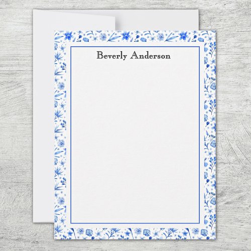 Name, Cobalt Blue Tropical Leaves &amp; Flowers Frame Note Card