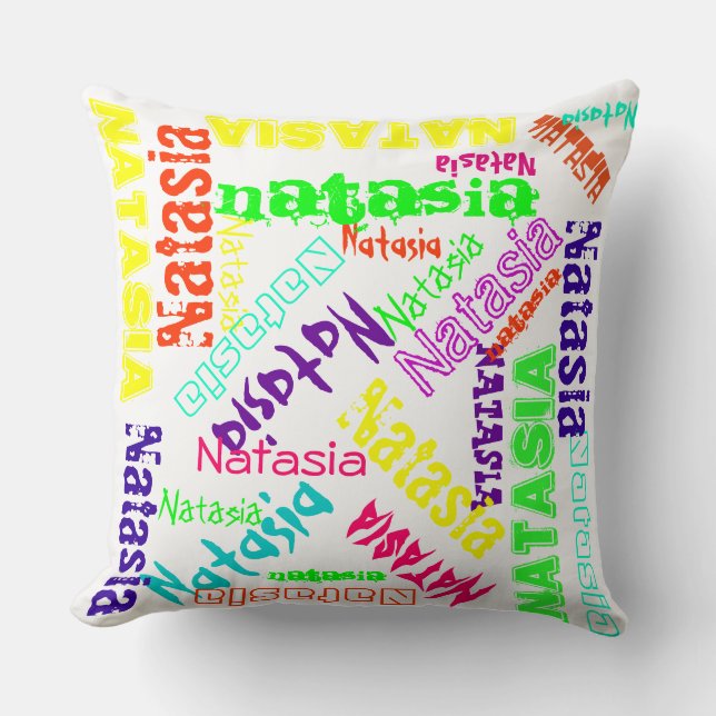 Name Collage Pillow Colorful Bright Neon White (Front)