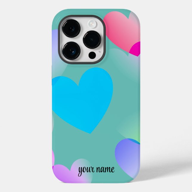 Name Colorful Gliding Hearts, Teal Case-Mate iPhone Case (Back)