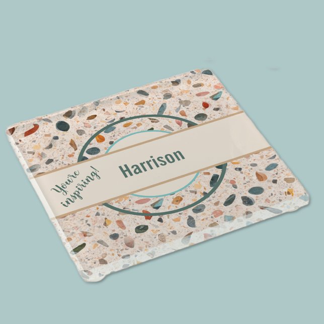 Name, Colorful Small Chips Mosaic Terrazzo Pattern Glass Coaster (Creator Uploaded)