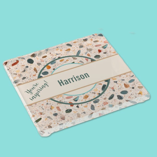 Name, Colorful Small Chips Mosaic Terrazzo Pattern Glass Coaster (Creator Uploaded)