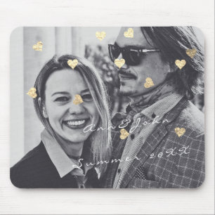 Name Couple Photo Travel Gift Confetti Hearts Gold Mouse Pad