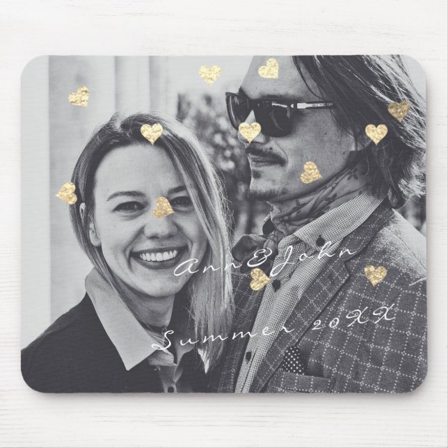 Name Couple Photo Travel Gift Confetti Hearts Gold Mouse Pad (Front)