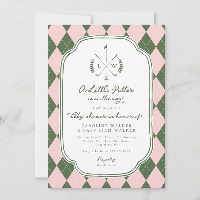 Name Crest Little Putter on Way Golf Baby Shower Invitation (Front)