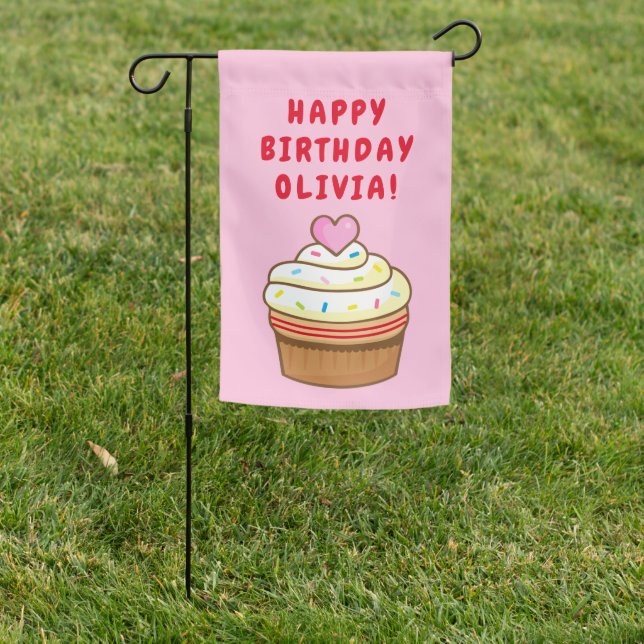 NAME cupcake birthday garden flag (In SItu)