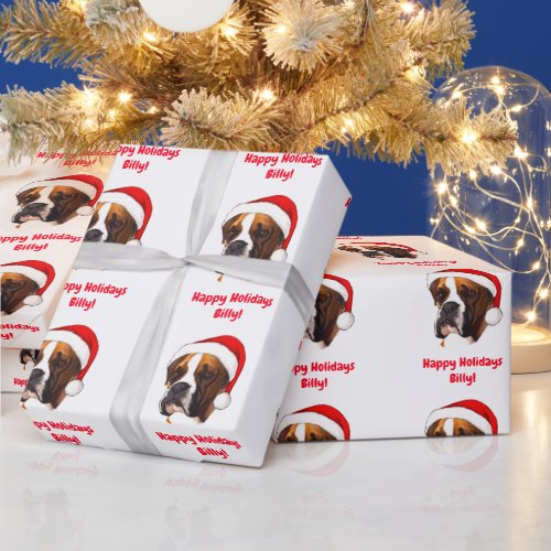 Name Customize Boxer in a Santa Hat Wrapping Paper