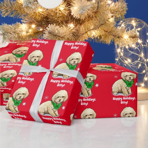 Name Customize Poodle Puppy in Christmas Bow Wrapping Paper