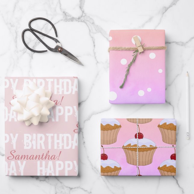 Name Customized Happy Birthday Cupcake/Polka Dots Wrapping Paper Sheets (Front)