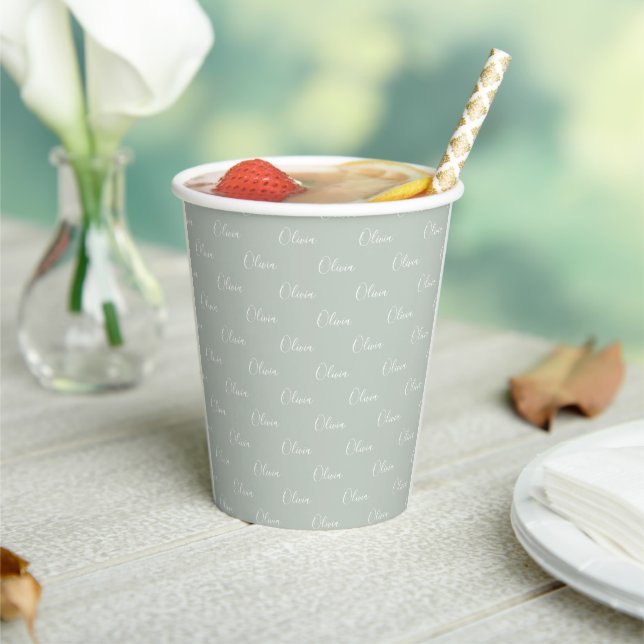 Name Customized Sage Green White Script Paper Cups (Insitu)