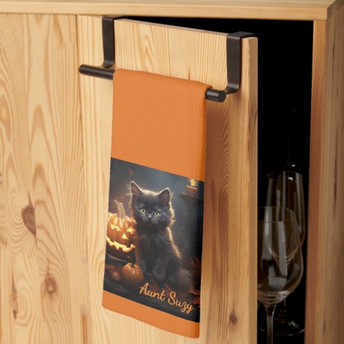 Name, Cute Halloween Kitten, Jack o Lantern Kitchen Towel