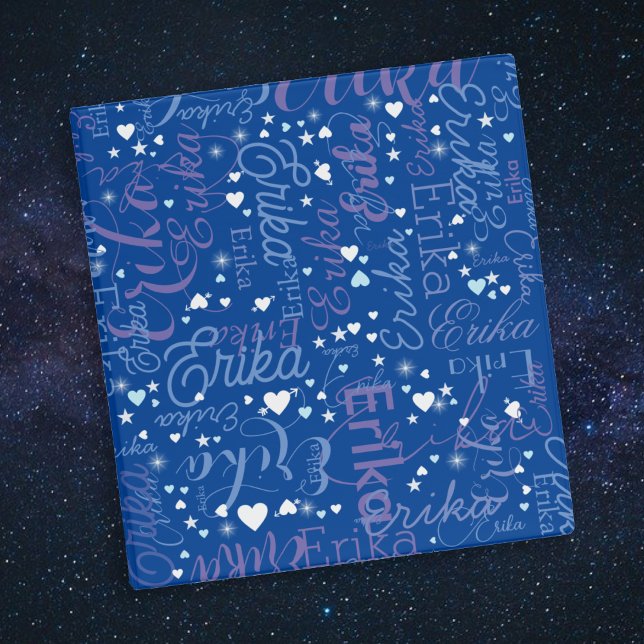 Name & Cute Hearts all over Deep-Blue 3 Ring Binder (Creator Uploaded)