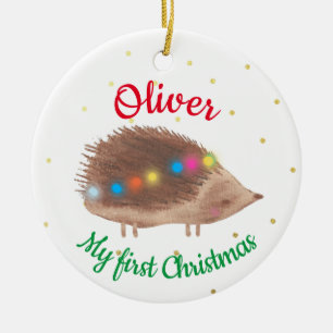 Name Cute Hedgehog Baby First Christmas  Ceramic Ornament