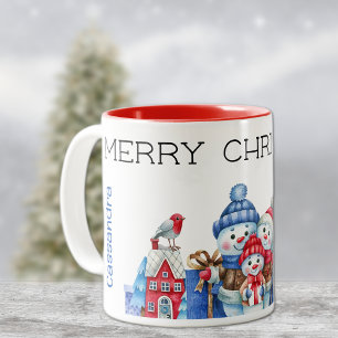 Name, Cute Snowman Family Merry Christmas 11oz Two-Tone Coffee Mug