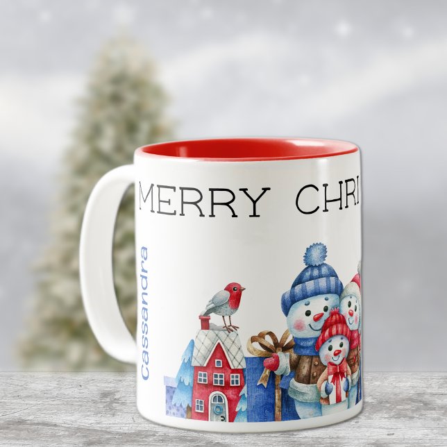 Name, Cute Snowman Family Merry Christmas 11oz Two-Tone Coffee Mug (Creator Uploaded)
