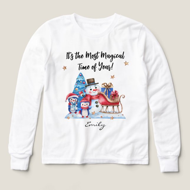 Name || Cute Snowman, Penguins Youth Long Sleeve Tri-Blend Shirts (Design Front)