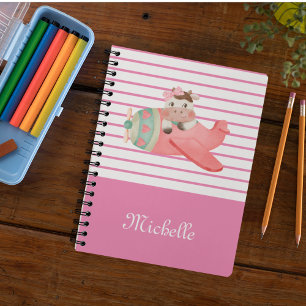 Name & Cute Watercolor Cow in Airplane, Whimsical Notebook
