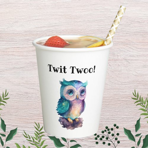 Name Cute Watercolor Owl Forest Woodland Animal Paper Cups