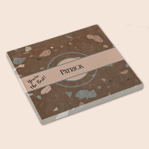 Name, Dark Brown & Earth Tones Terrazzo Glass Coaster