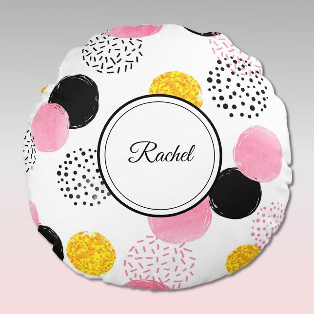 Name, Dark Grey Pink Gold Abstract Round Pillow (Creator Uploaded)