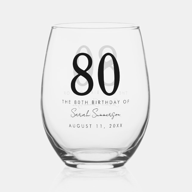 Name Date Eighty 80th Birthday Party Stemless Wine Glass (Front)