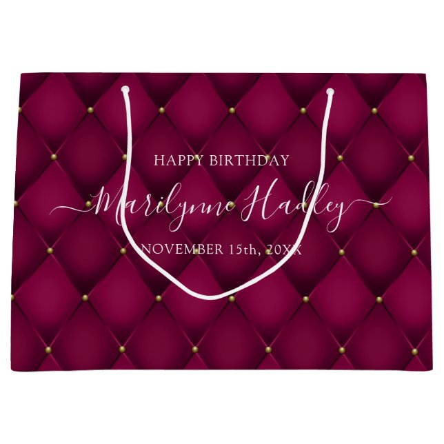 Name Date Harlequin Burgundy Birthday  Large Gift Bag (Front)