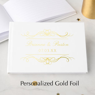 Name & Date Modern Elegant Gold Swirl Wedding Foil Guest Book