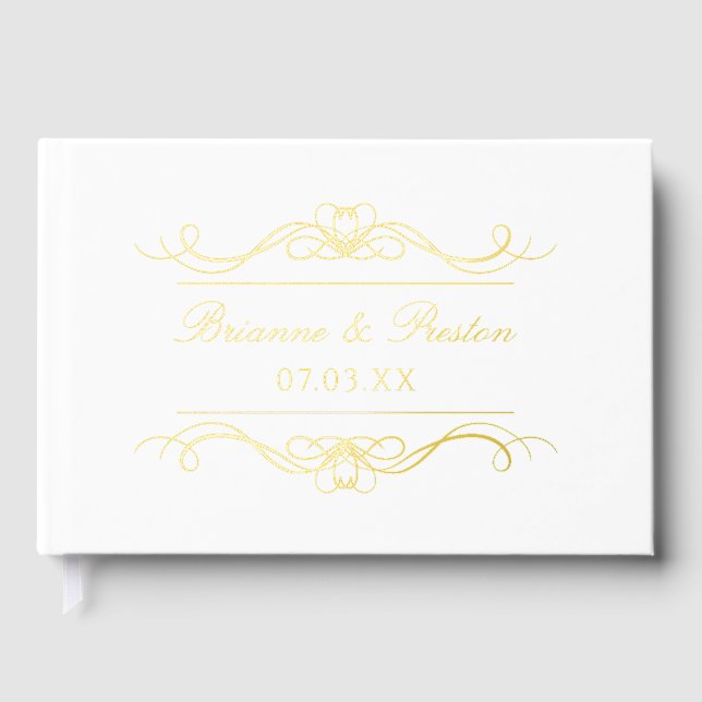 Name & Date Modern Elegant Gold Swirl Wedding Foil Guest Book (Front)