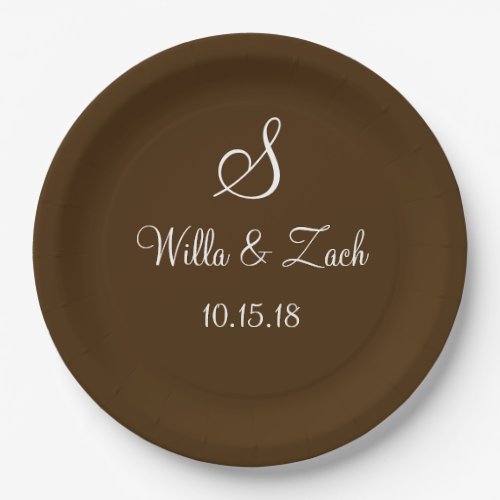 Name Date Monogram Autumn Fall Wedding Brown White Paper Plates