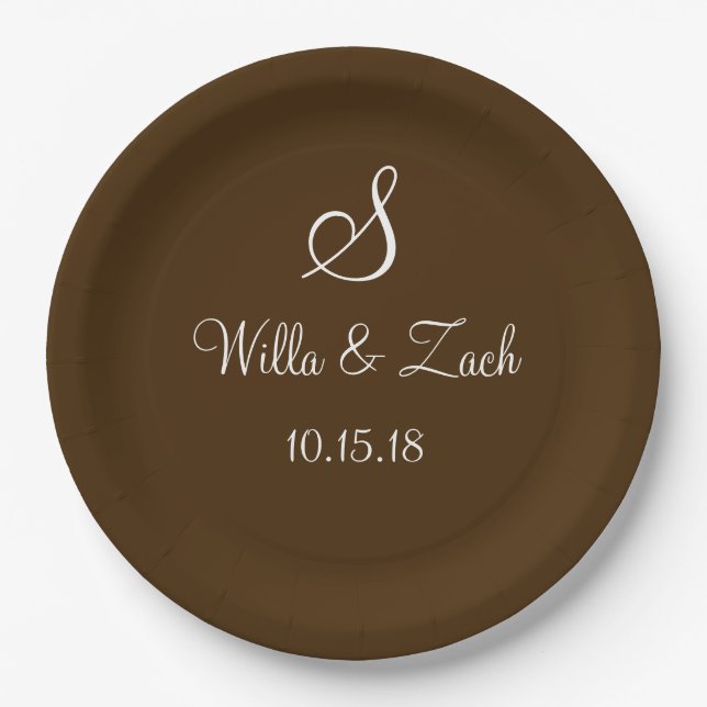 Name Date Monogram Autumn Fall Wedding Brown White Paper Plates (Front)