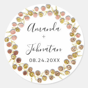 Name Date Rose Gold Wreath Wedding Bridal Classic Round Sticker