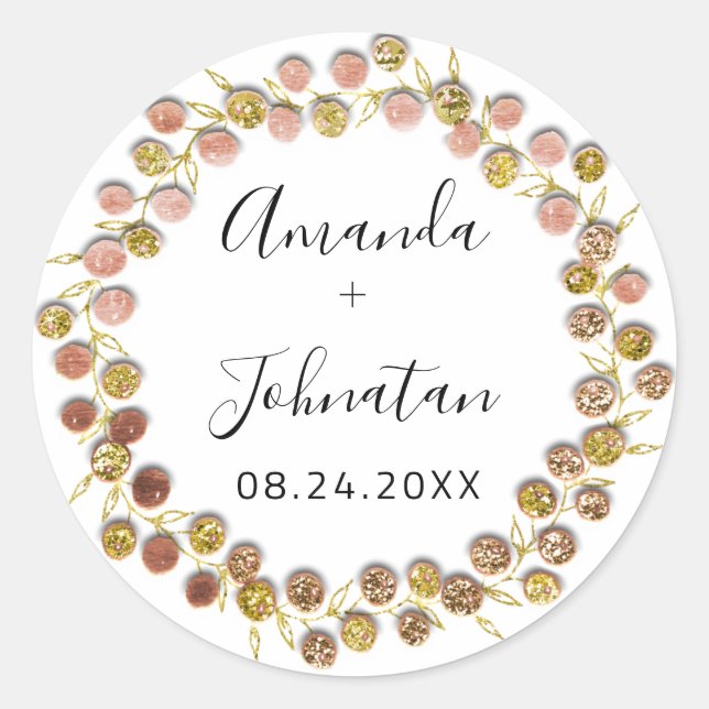  Name Date Rose Gold Wreath Wedding Bridal  Classic Round Sticker (Front)