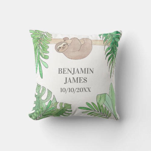 Name Date Sloth Jungle Leaves Baby  Throw Pillow