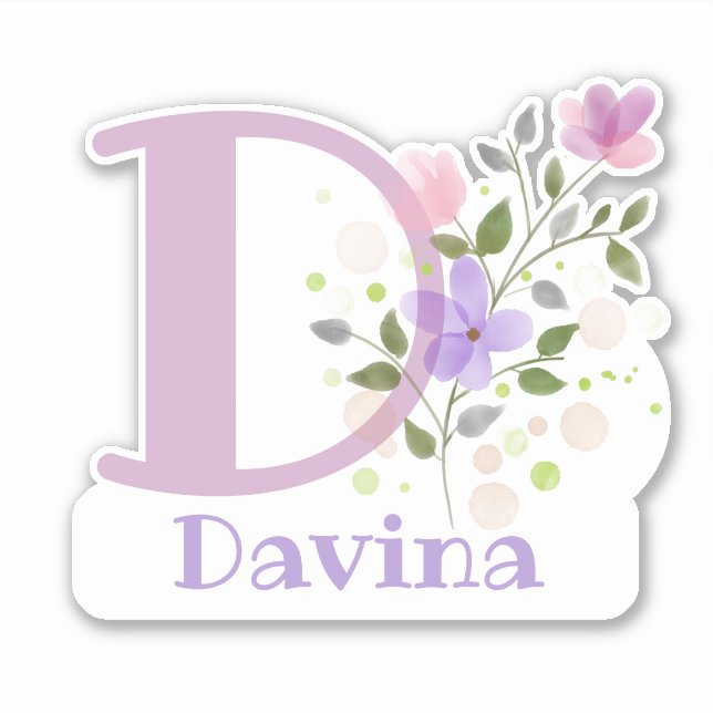 Name Davina & Initial with Floral Design Sticker (Front)