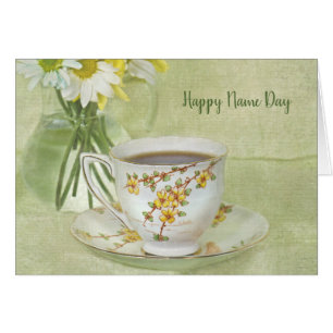 Name Day-antique teacup with daisy bouquet Cards