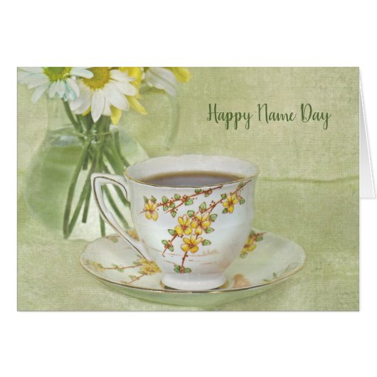 Name Day-antique teacup with daisy bouquet Cards (Front Horizontal)