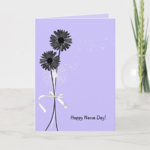 Name Day black daisies and dandelion on purple Card