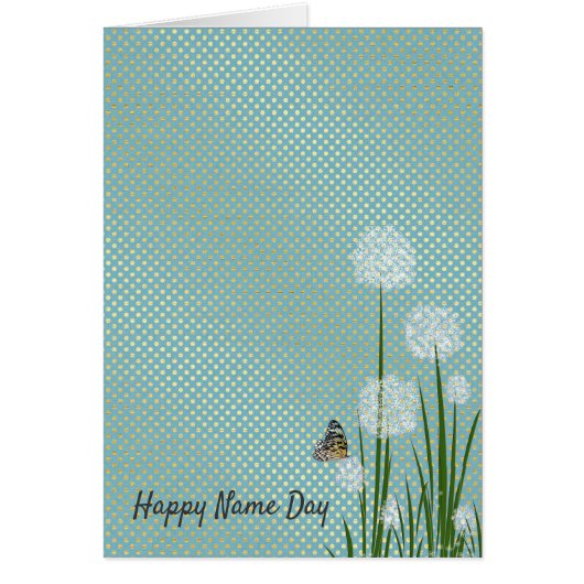 Name Day-butterfly on puff flower Cards (Front)