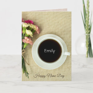 Name Day coffee with carnations on burlap Card