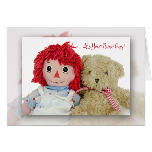 Name Day-old rag doll with teddy bear Cards (Front Horizontal)