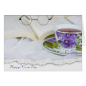 Name Day pansy tea cup on fur (Front Horizontal)