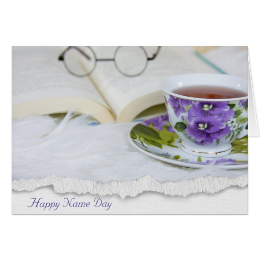 Name Day pansy tea cup on fur Cards (Front Horizontal)
