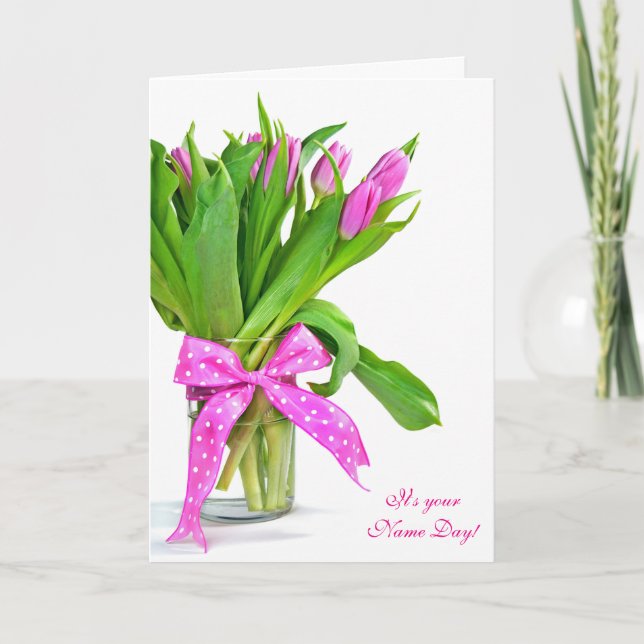 Name Day-pink tulip bouquet Card (Front)