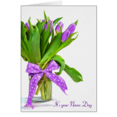 Name Day purple tulip bouquet on white (Front)