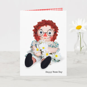 Name Day rag doll and daisy bouquet Card